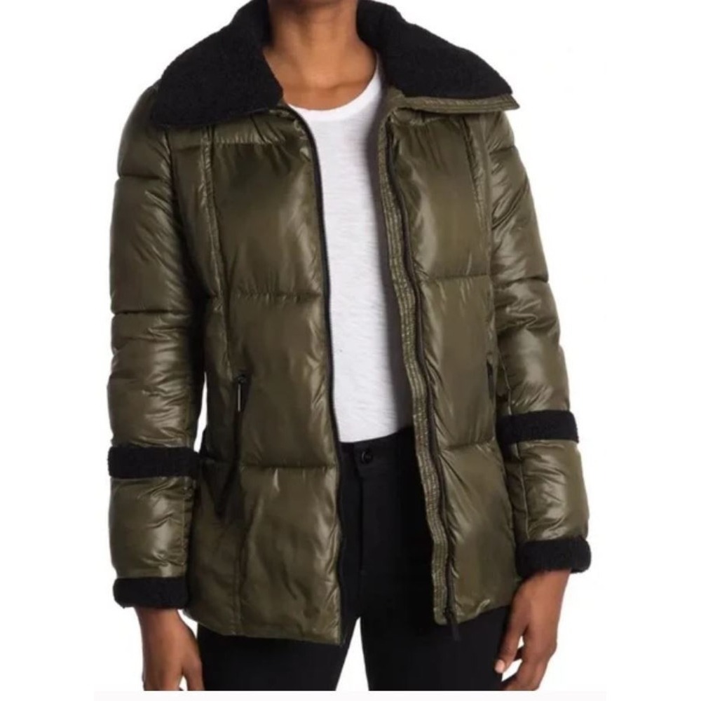 French Connection Womens Olive Green Zip Collar Short Puffer Jacket F20399 S
